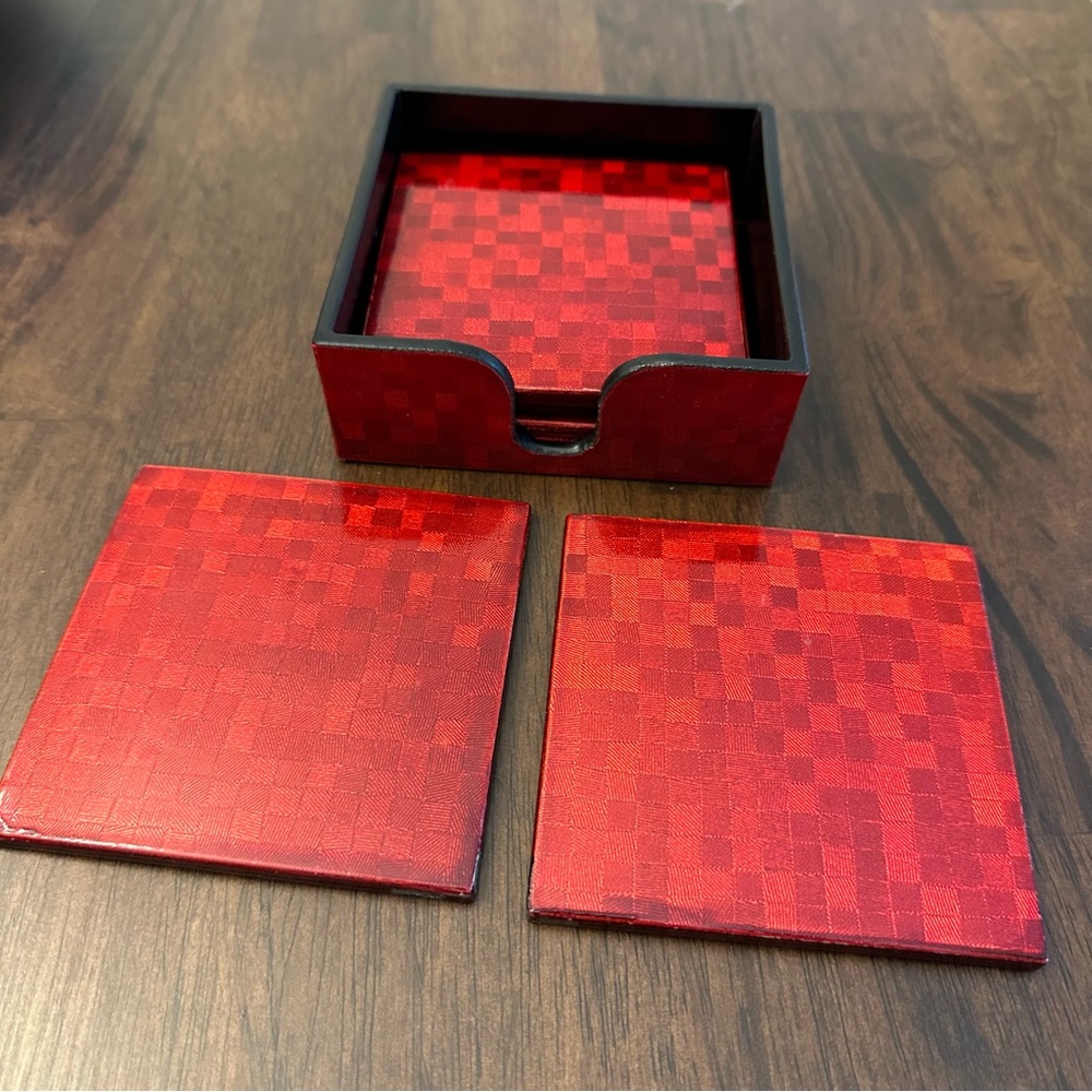 Set of 6 Coasters with Holder - Metallic Red Checker Print